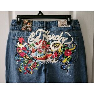 Ed Hardy Multi Tattoo Low Waist Baggy Jeans Women's Size 34‎ Painted Logo Koi